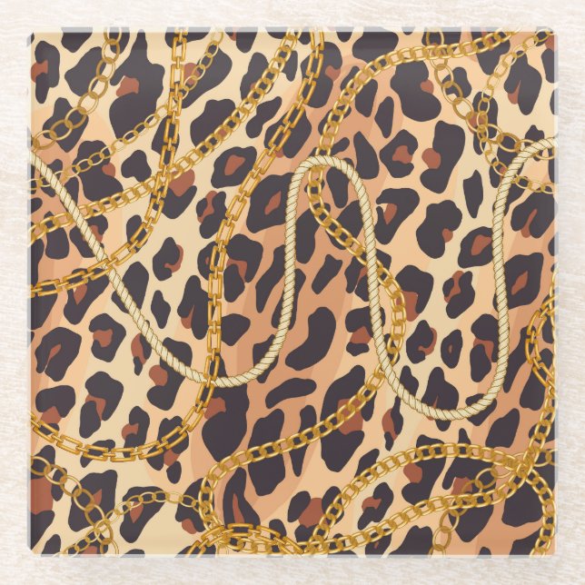 Baroque Animal Print, Chain Design Glass Coaster (Front)