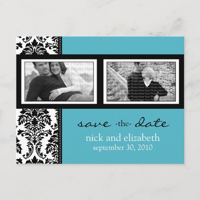 Baroque Aqua-Black-White 2-Photo Save the Date Announcement Postcard (Front)