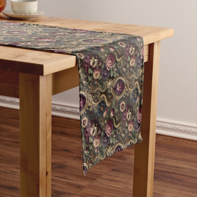 Baroque Battles & Blooms – Gothic Floral Design Short Table Runner (In Situ)