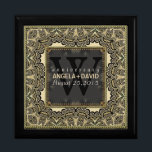 Baroque Black Gold Wedding Anniversary Gift Box<br><div class="desc">Baroque Damask inspired design with customisable text and monogram. A very stylish gold and black lace like design. Sleek and elegant custom Wedding, Anniversary or engagement present. Personalise with names, anniversary date and monogram or numbers - made into a wonderful wooden gift box to keep trinkets, jewellery box for your...</div>