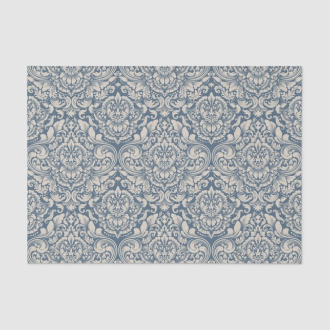 Baroque Blue Damask Brocade on White Decoupage Tissue Paper (Front)
