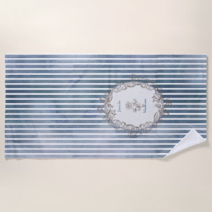 Baroque Blue-Grey Watercolor Stripe  Beach Towel