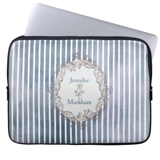 Baroque Blue-Grey Watercolor Stripe  Laptop Sleeve (Front)