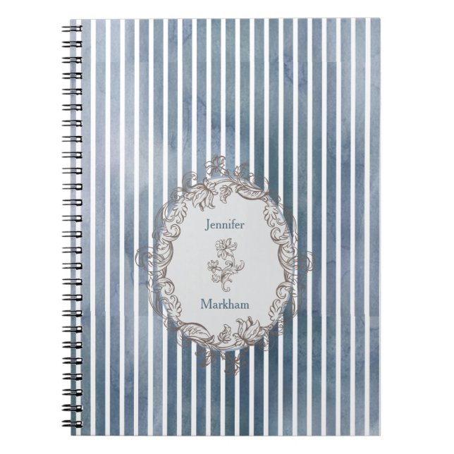 Baroque Blue-Grey Watercolor Stripe  Notebook (Front)