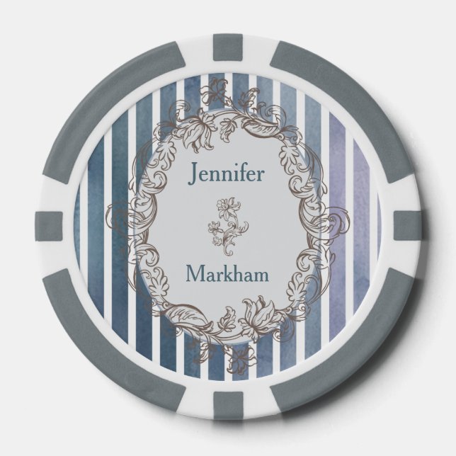 Baroque Blue-Grey Watercolor Stripe  Poker Chips (Front)