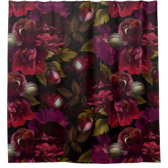 Baroque burgundy  goth moody floral garden shower curtain (Front)