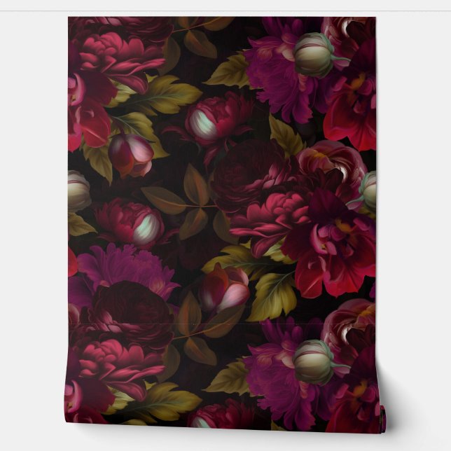 Baroque burgundy  goth moody floral garden wallpap wallpaper (Unrolling)