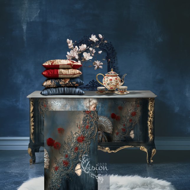 Baroque Butterfly Navy Blue Ornate Patina Tissue Paper (Baroque Butterfly, Ornamental, Navy blue & Red, Patina Background, Decoupage Tissue Paper)