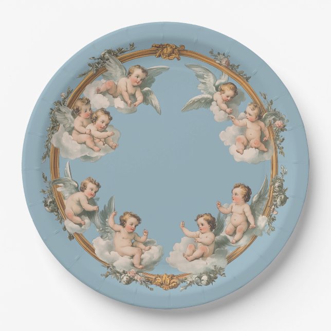 Baroque Cherub Blue Gold Wreath Paper Plate (Front)