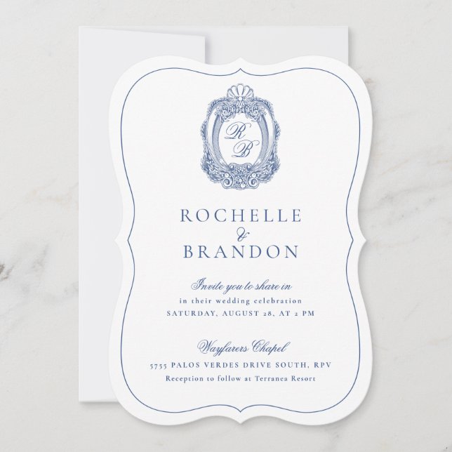Baroque Crest French Blue Antique Die Cut Wedding Invitation (Front)
