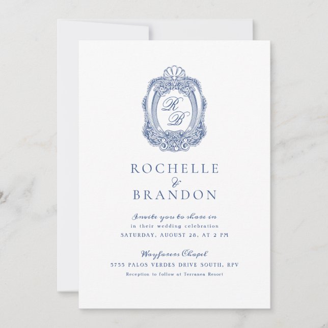 Baroque Crest French Blue Antique Wedding Invitation (Front)