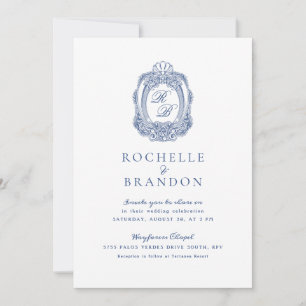 Baroque Crest French Blue Antique Wedding Invitation