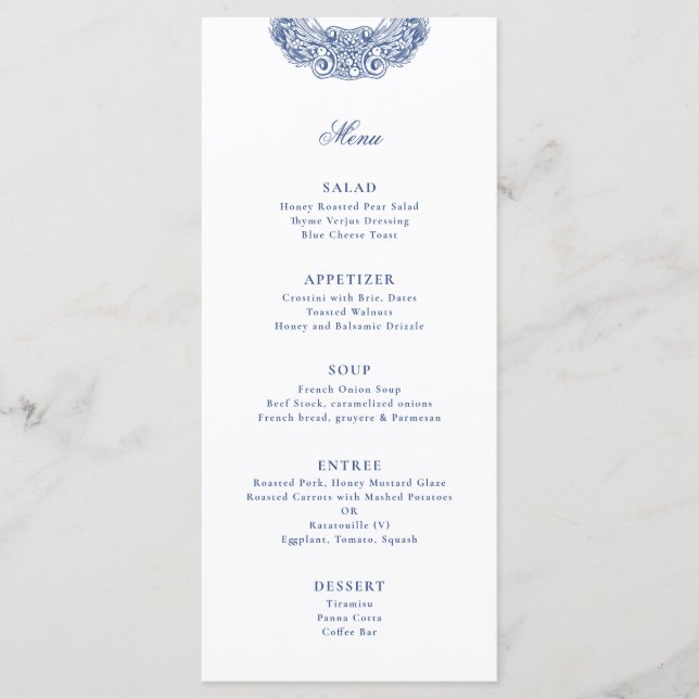 Baroque Crest French Blue Antique Wedding Menu (Front)