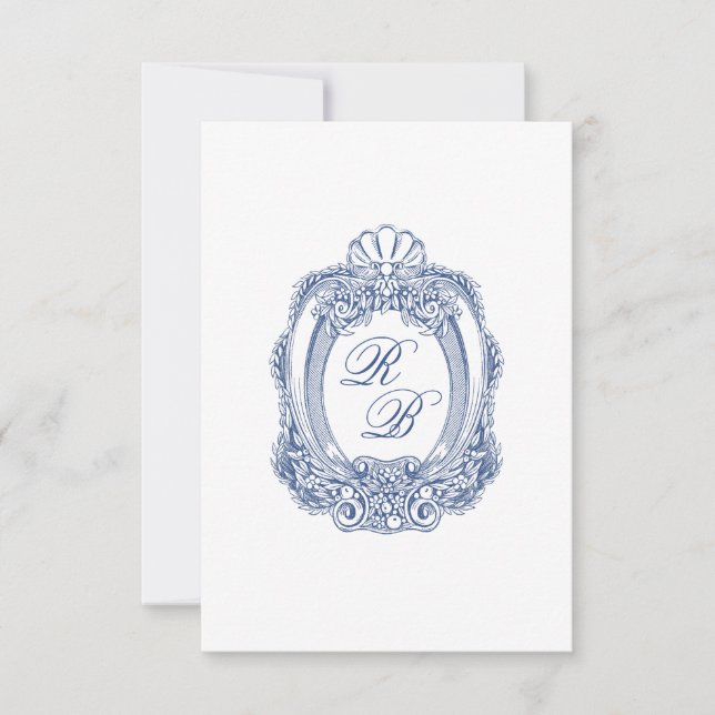 Baroque Crest French Blue Initials Antique Wedding Card (Front)