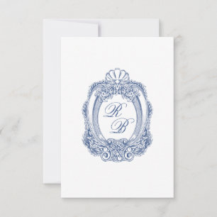 Baroque Crest French Blue Initials Antique Wedding Card