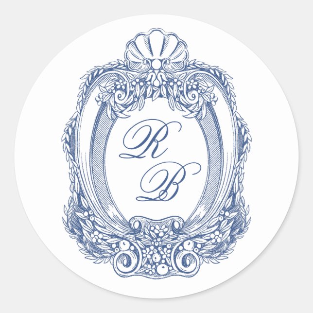 Baroque Crest French Blue Initials Antique Wedding Classic Round Sticker (Front)