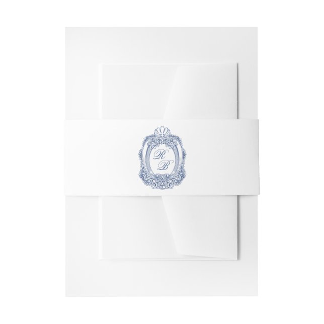 Baroque Crest French Blue Initials Antique Wedding Invitation Belly Band (Front Example)