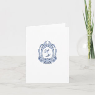 Baroque Crest French Blue Initials Wedding Photo Note Card