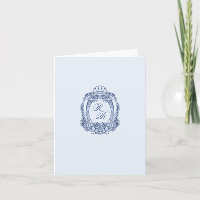 Baroque Crest French Blue Initials Wedding Photo Note Card (Front)