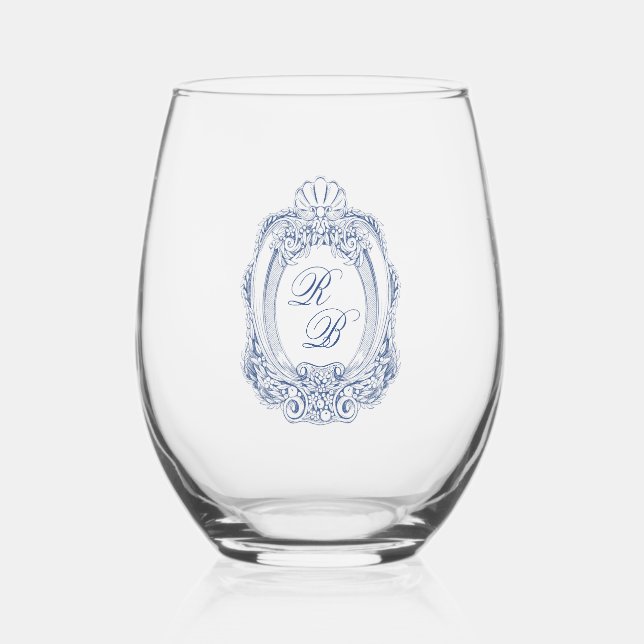 Baroque Crest French Blue Initials Wedding Stemless Wine Glass (Front)