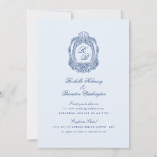 Baroque Crest French Blue Wedding II Invitation