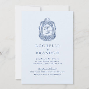 Baroque Crest French Blue Wedding Invitation