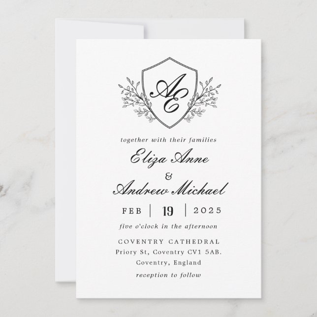 Baroque Crest Monogram Black and White Wedding Invitation (Front)