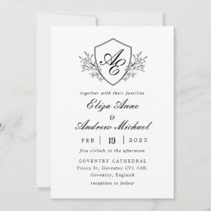 Baroque Crest Monogram Black and White Wedding Invitation
