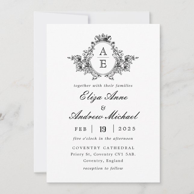 Baroque Crest Monogram Black and White Wedding Invitation (Front)