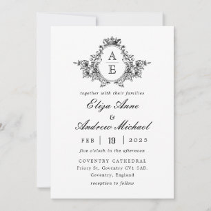 Baroque Crest Monogram Black and White Wedding Invitation