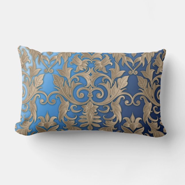 Baroque Damask Brocade Cream Beige on Blue Lumbar Cushion (Front)