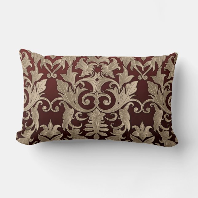 Baroque Damask Brocade Cream Beige on Burgundy Lumbar Cushion (Front)