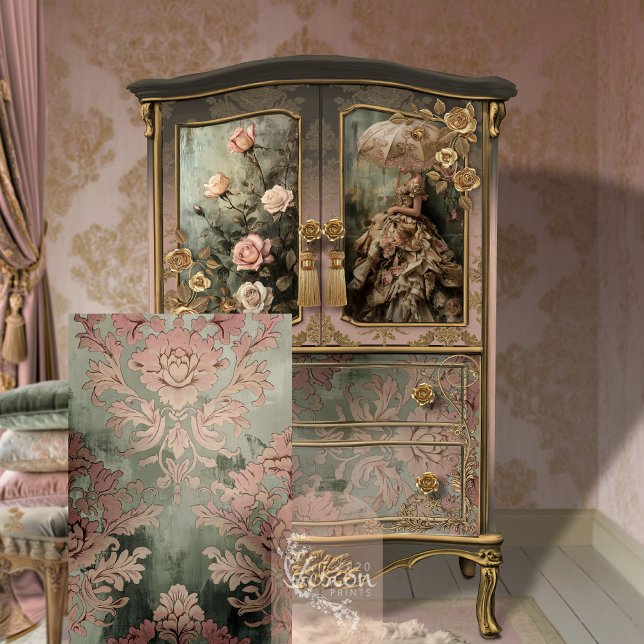 Baroque Damask Dusty pink & Green Tile Tissue Paper (Weathered Floral Damask Patterned Tile, Dusty Pink and green decoupage tissue paper.)