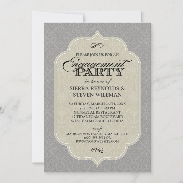 Baroque Damask Gunmetal Grey Engagement Party Invitation (Front)