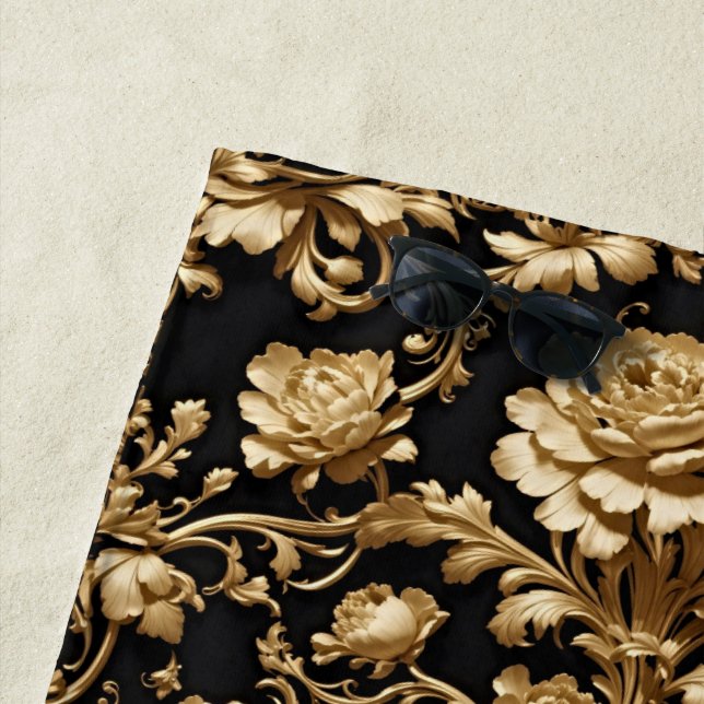Baroque Elegance: Black and Gold Floral Flemish Beach Towel (In Situ)