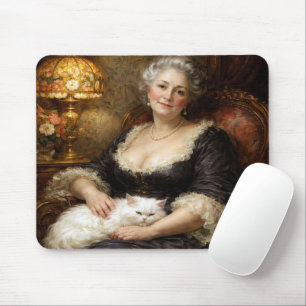 Baroque Elegant Woman with White Cat Mouse Mat