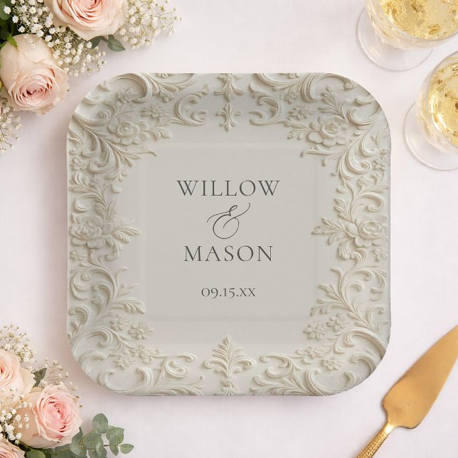 Baroque Embossed Style Scroll Floral Wedding Paper Plate (Baroque Embossed Style Scroll Floral Wedding Paper Plates)