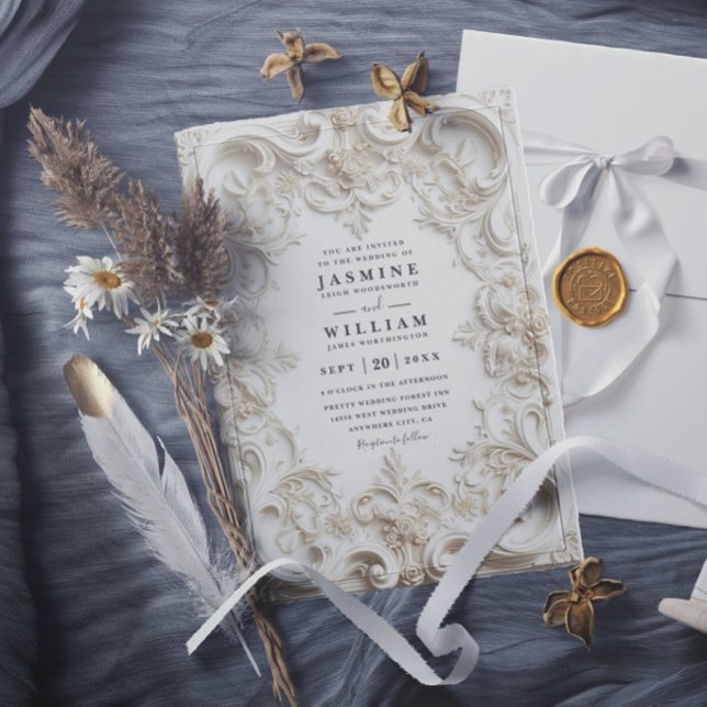 Baroque Embossed Vintage Elegant QR Code Wedding Invitation (Creator Uploaded)