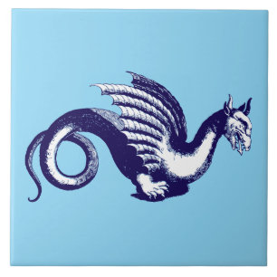 Baroque Era Blue & White Mediaeval Dragon Tile