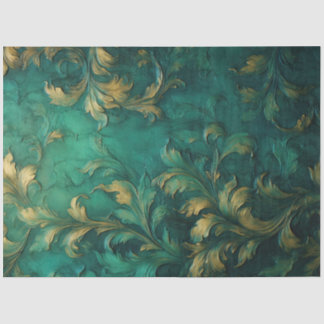 Baroque faux gold leaves ornament deep green tissue paper