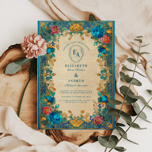 Baroque Floral and Teal Pattern Wedding Invitation