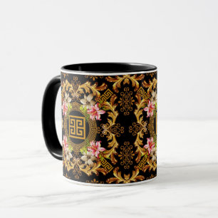 Baroque Floral Black Gold Pink Mug