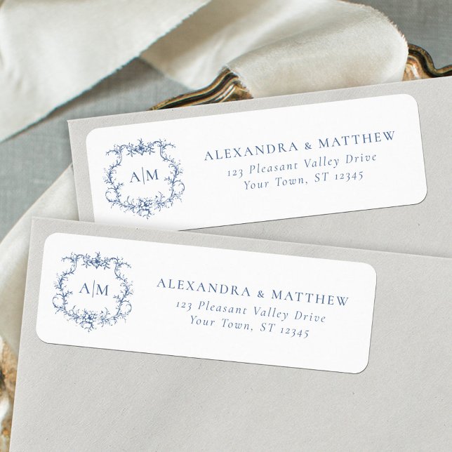 Baroque Floral Crest Blue Wedding Return Address (Creator Uploaded)