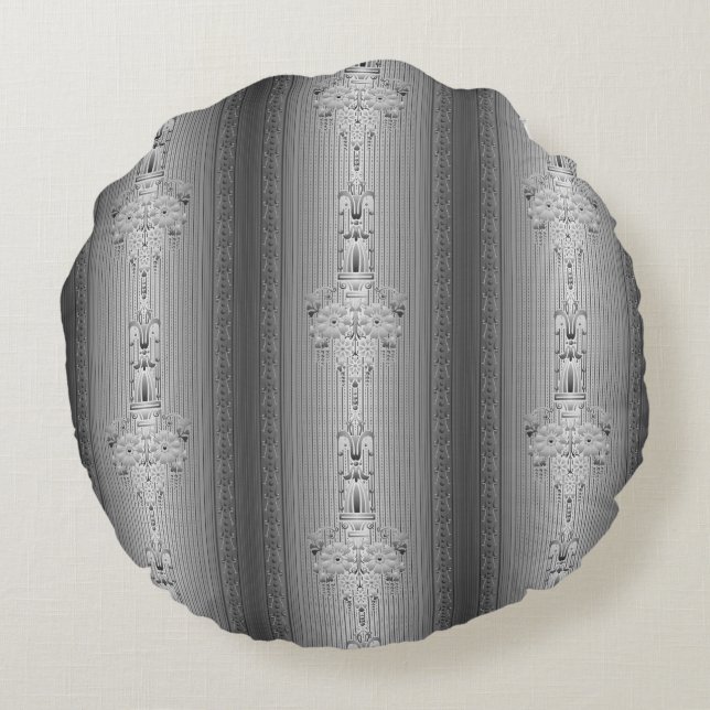 Baroque floral pattern with border grey round cushion (Back)