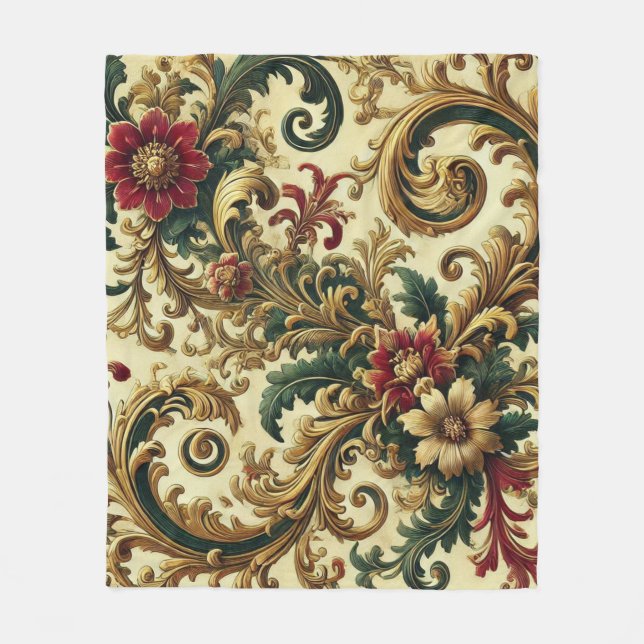 Baroque Floral Pattern with Gold, Red, Green A Fleece Blanket (Front)