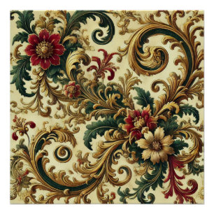 Baroque Floral Pattern with Gold, Red, Green A Poster