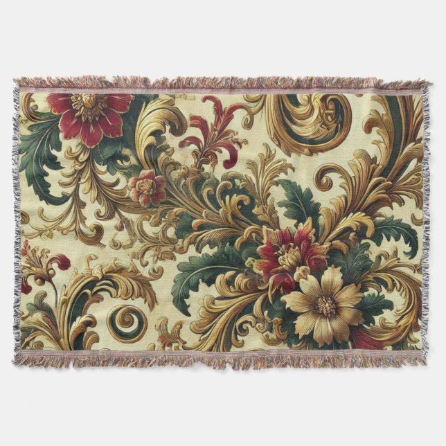 Baroque Floral Pattern with Gold, Red, Green A Throw Blanket (Front)