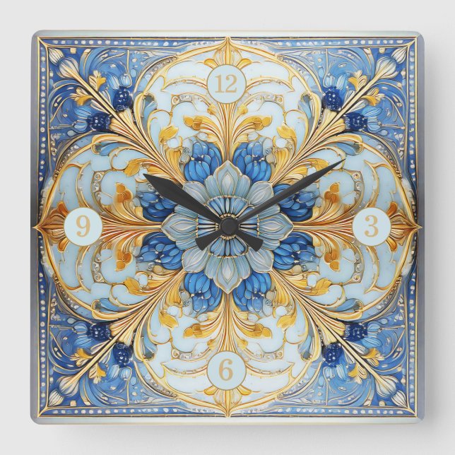 Baroque Floral Tile Pat#17 Soft Blue Gold ID1078 Square Wall Clock (Front)