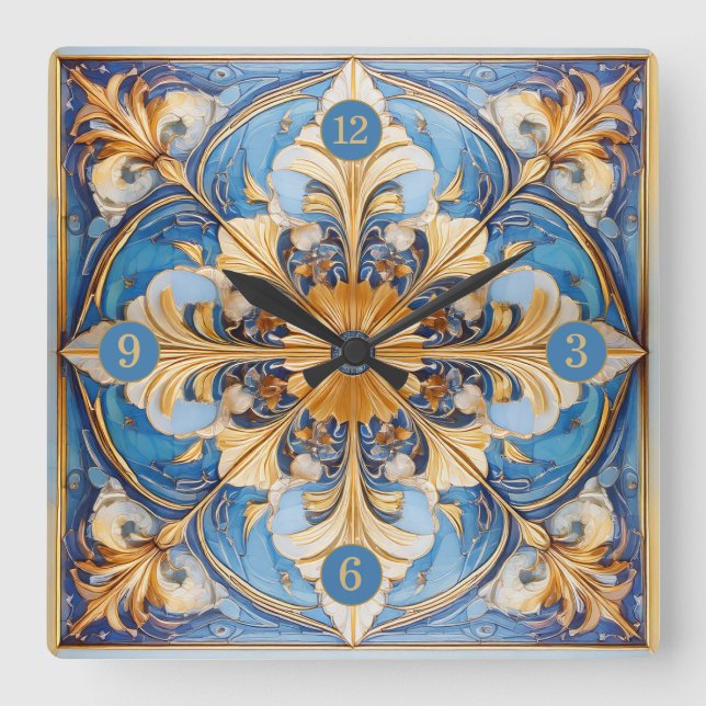 Baroque Floral Tile Pat#18 Sky Blue Gold ID1078 Square Wall Clock (Front)