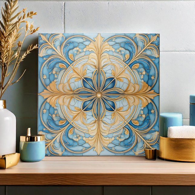Baroque Floral Tile Pat#19 Aqua Blue Gold ID1078 (Creator Uploaded)